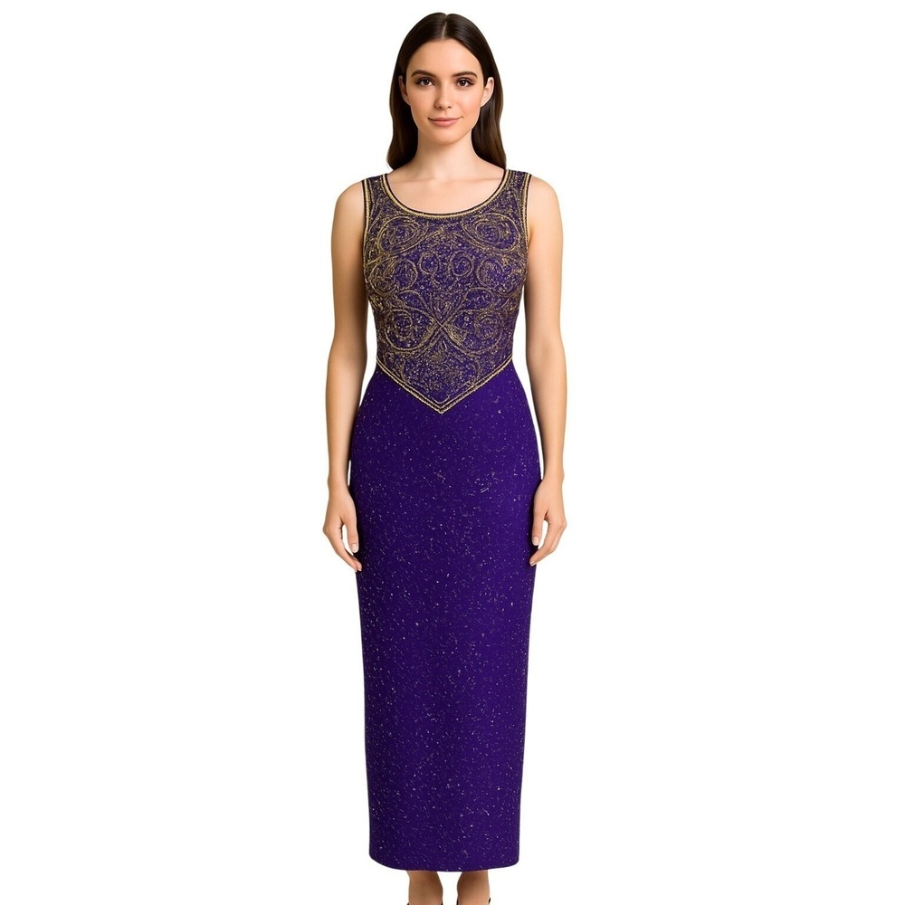 Laurence Kazar Purple Beaded Silk Gown Open Back Vintage Formal Dress L, vintage